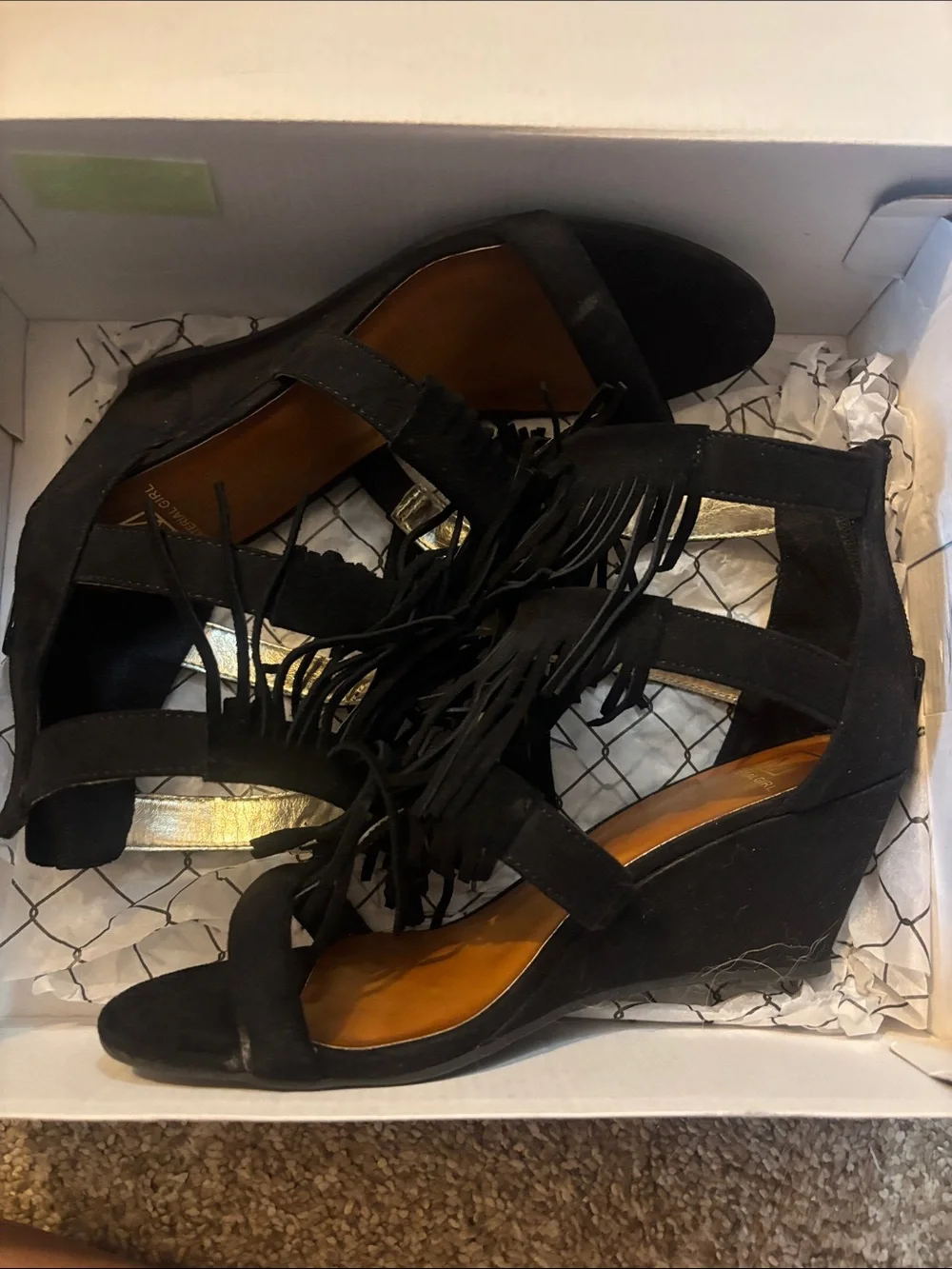 Material Girl Black Fringe Strappy Wedge Sandals